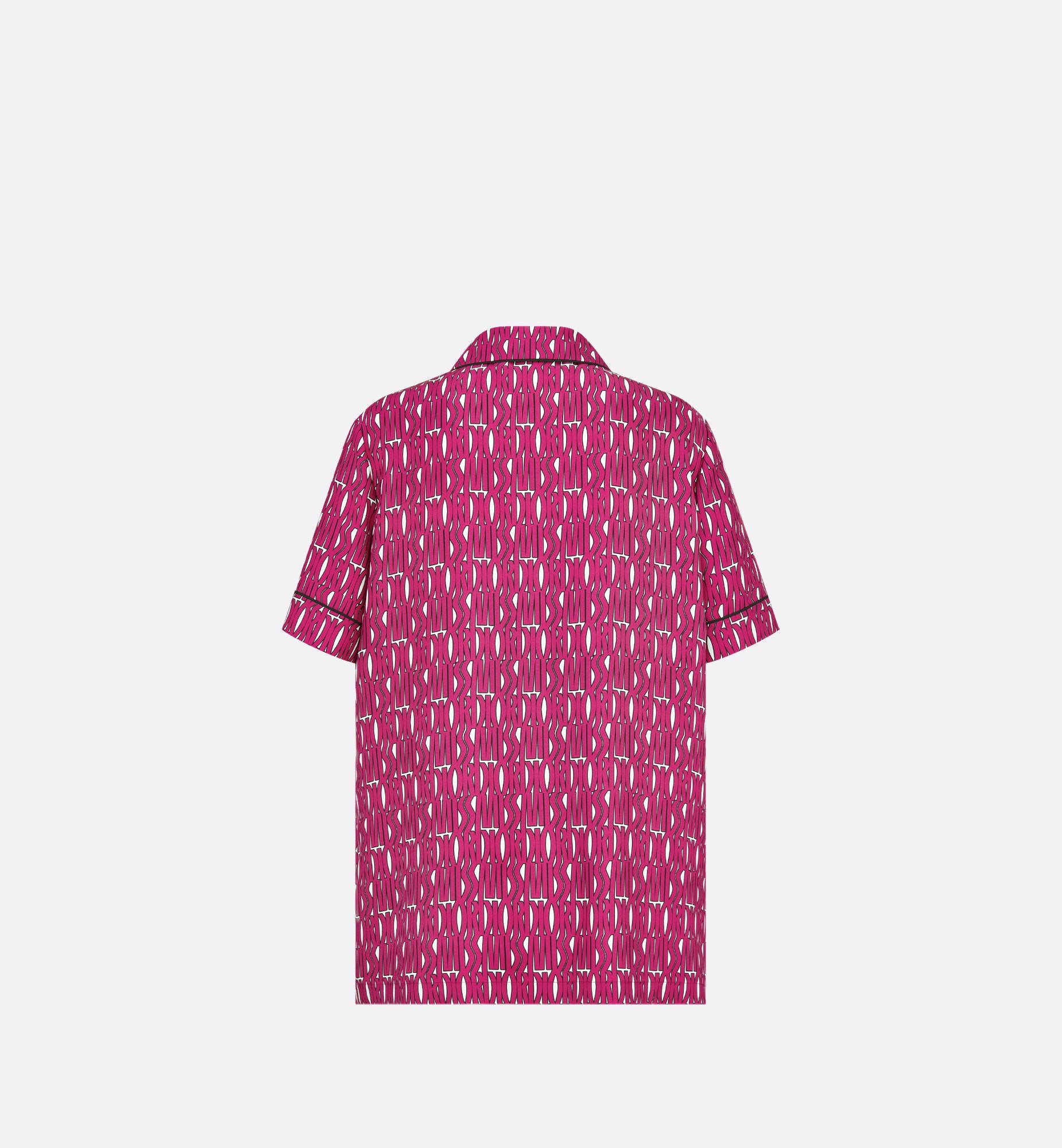 Short-Sleeved Shirt White Silk Twill With Fuchsia Miss Dior Allover Motif