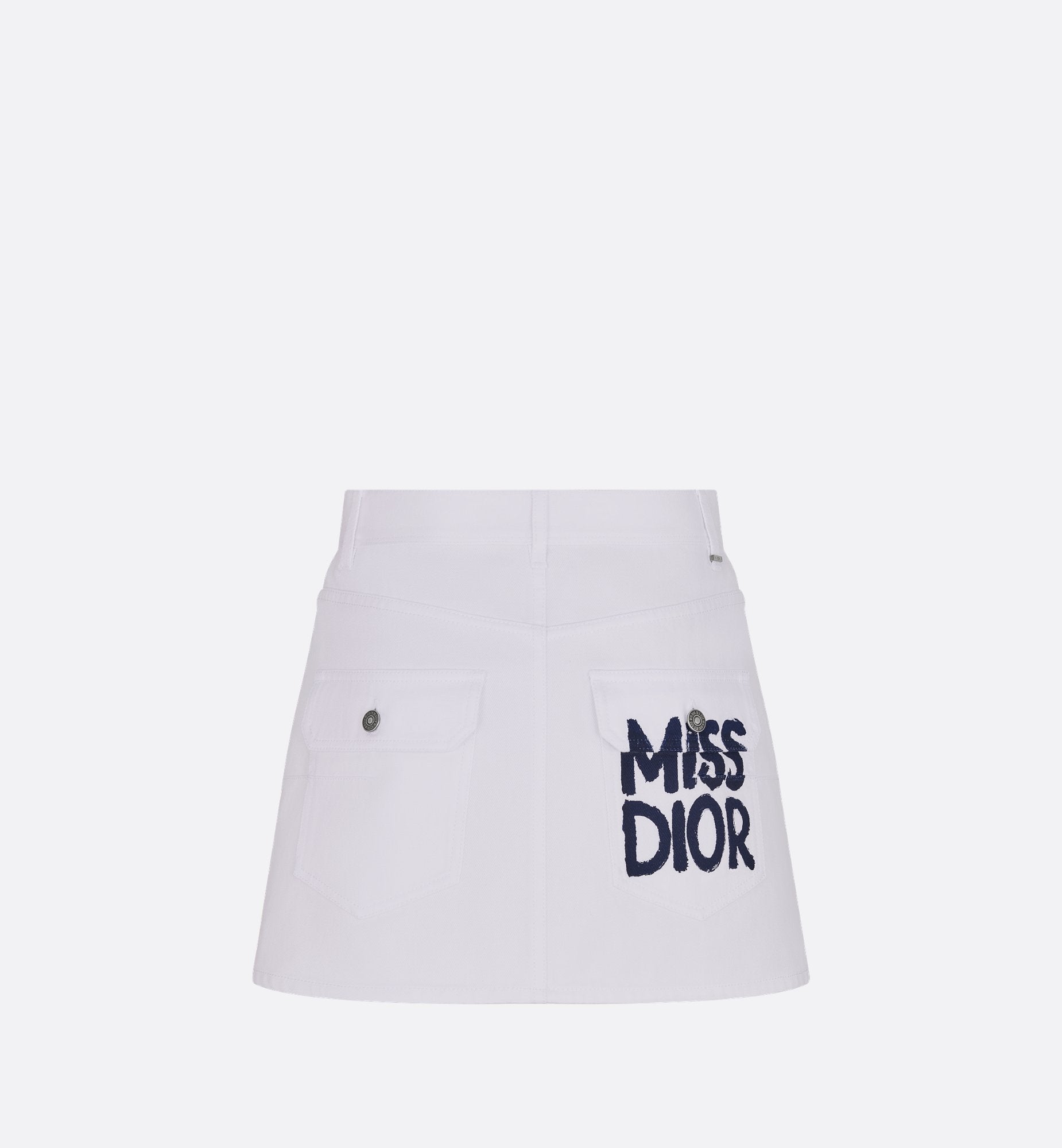 Flared Miniskirt White Cotton Denim With Blue Miss Dior Graffiti Motif