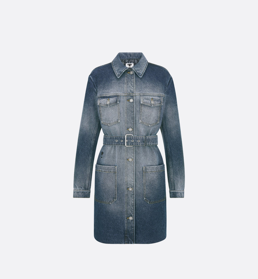 Long Belted Jacket Blue Stonewashed Cotton Denim With Dior Oblique Interior