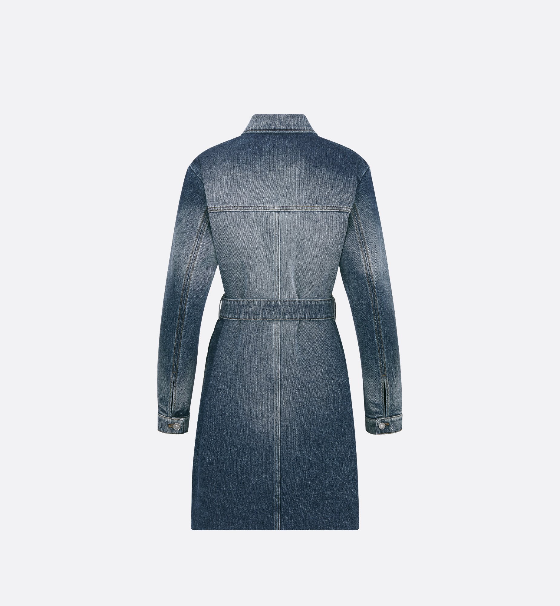 Long Belted Jacket Blue Stonewashed Cotton Denim With Dior Oblique Interior