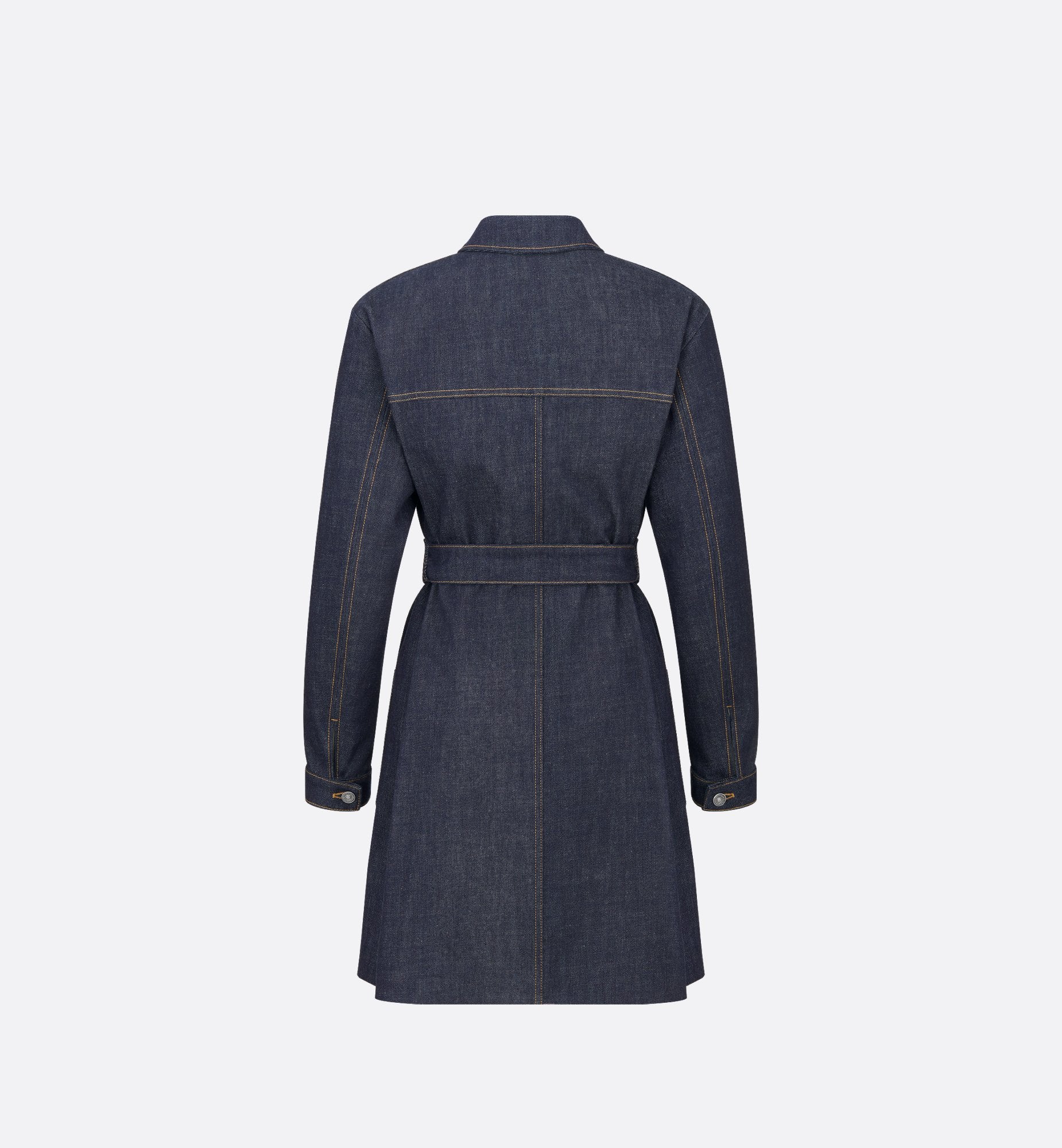 Long Belted Jacket Blue Raw Cotton Denim With Dior Oblique Interior