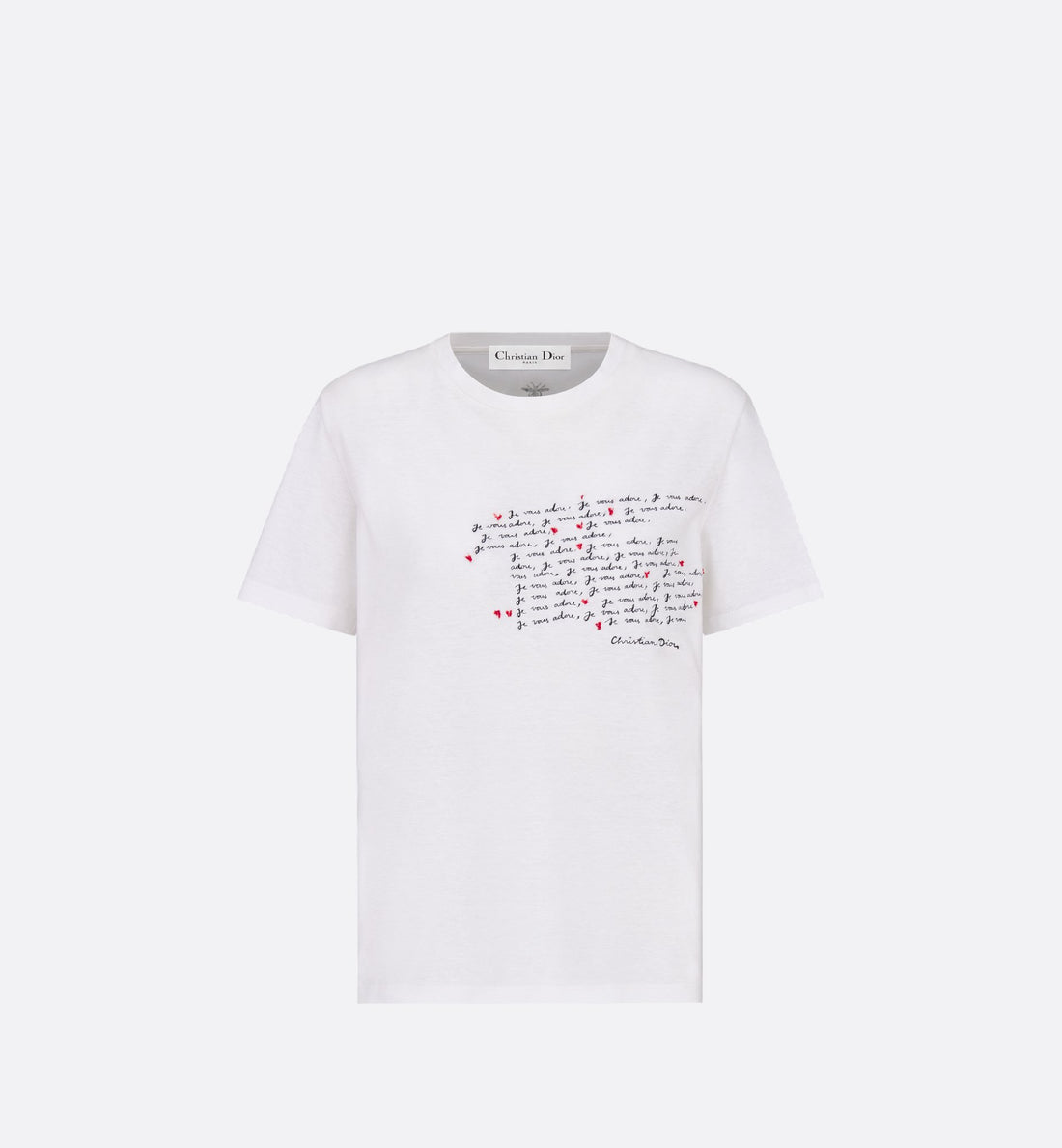 Dioramour Embroidered T-Shirt White Cotton And Linen Jersey With Black And Red Je Vous Adore Motif