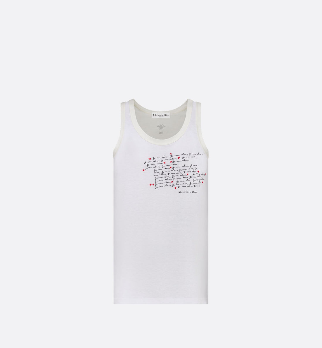 Dioramour Embroidered Tank Top White Cotton And Linen Jersey With Black And Red Je Vous Adore Motif