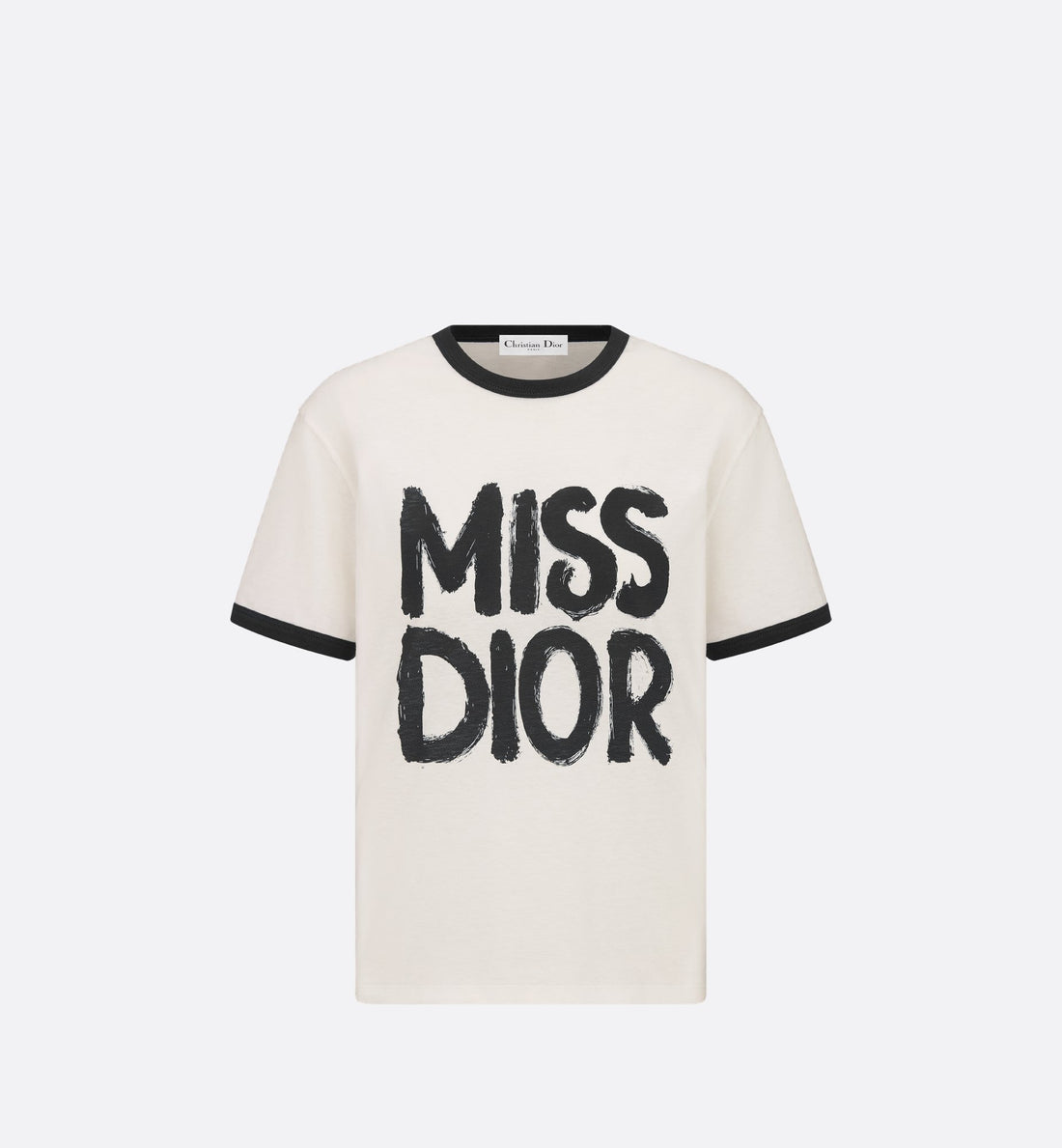 T-Shirt White Cotton And Linen Jersey With Black Miss Dior Graffiti Motif