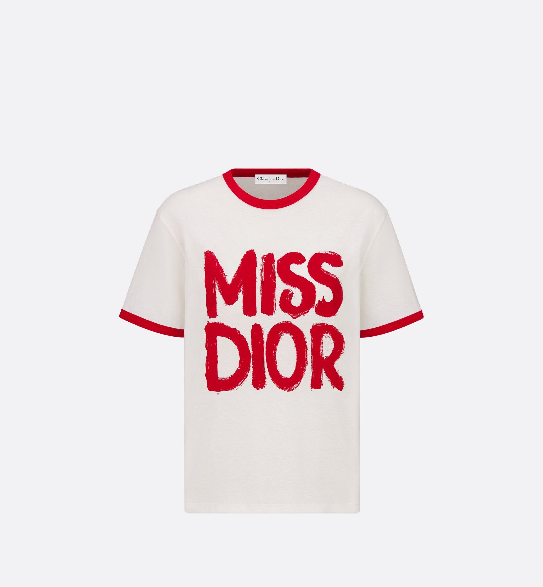 T-Shirt White Cotton And Linen Jersey With Red Miss Dior Graffiti Motif