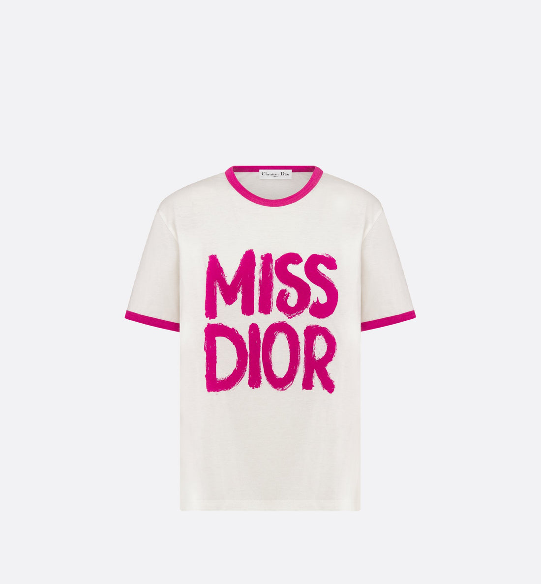 T-Shirt White Cotton And Linen Jersey With Fuchsia Miss Dior Graffiti Motif