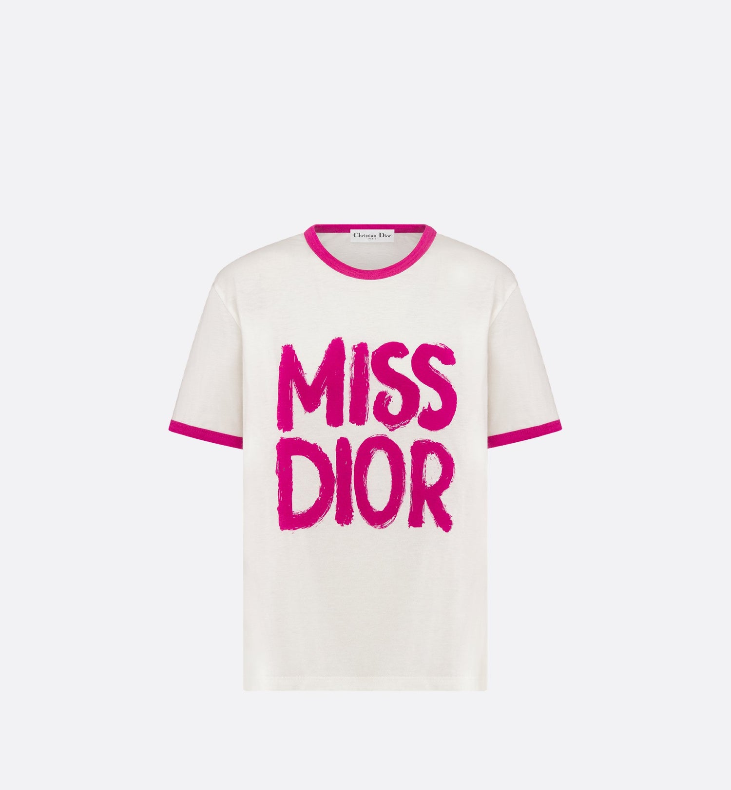 T Shirt White Cotton And Linen Jersey With Fuchsia Miss Dior Graffiti Motif