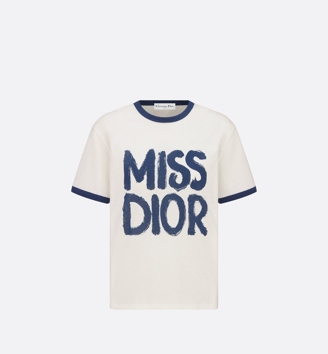 T-Shirt White Cotton And Linen Jersey With Blue Miss Dior Graffiti Motif