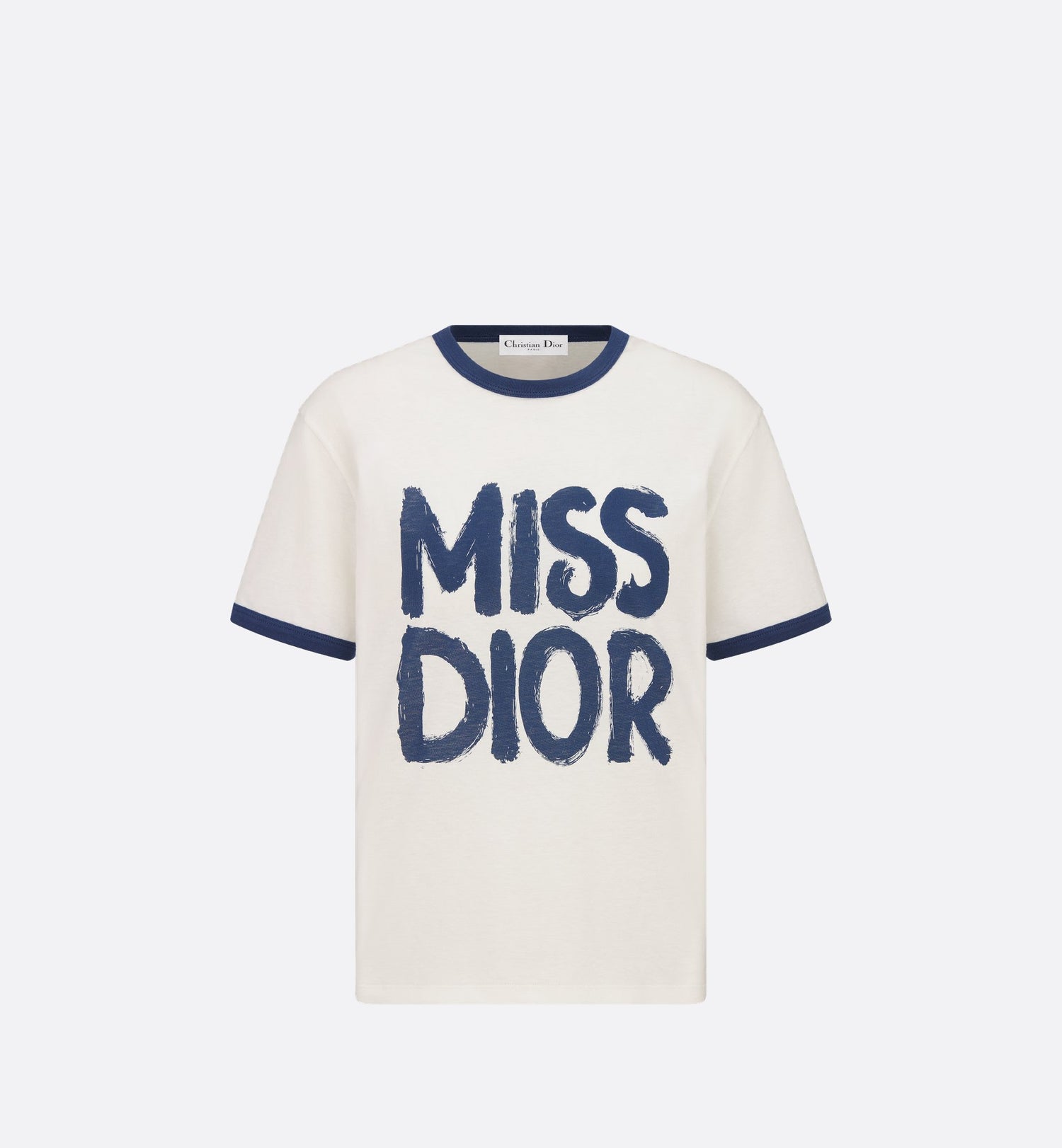 T-Shirt White Cotton And Linen Jersey With Blue Miss Dior Graffiti Motif