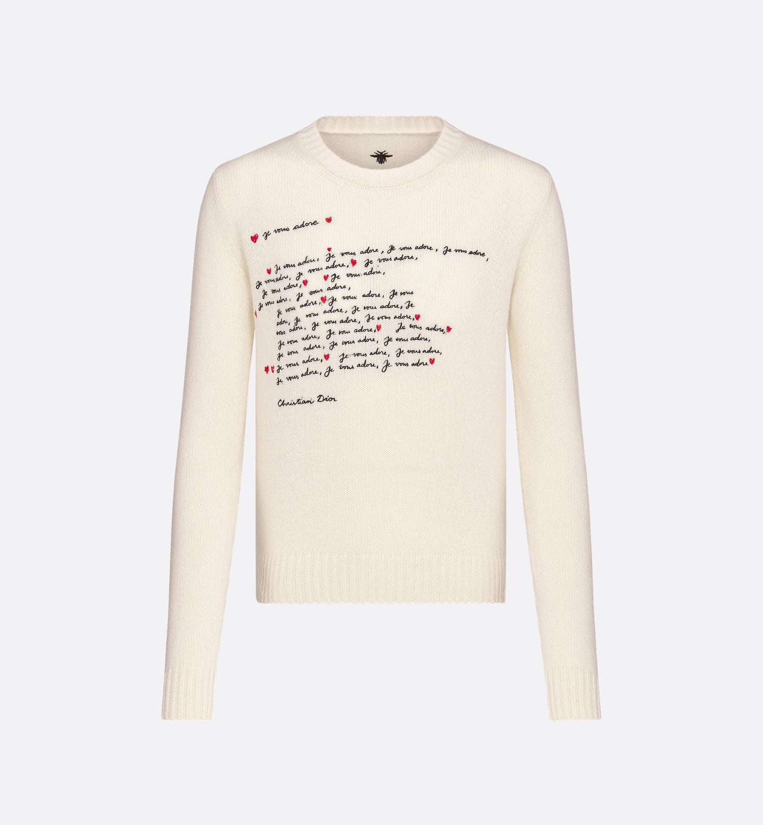 Dioramour Embroidered Sweater White Cashmere Knit With Black And Red Je Vous Adore Motif