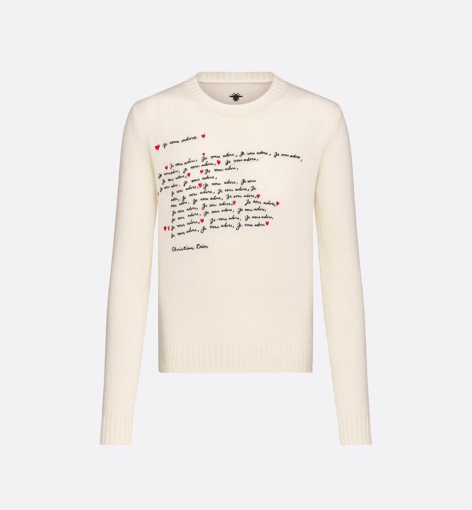 Dioramour Embroidered Sweater White Cashmere Knit With Black And Red Je Vous Adore Motif