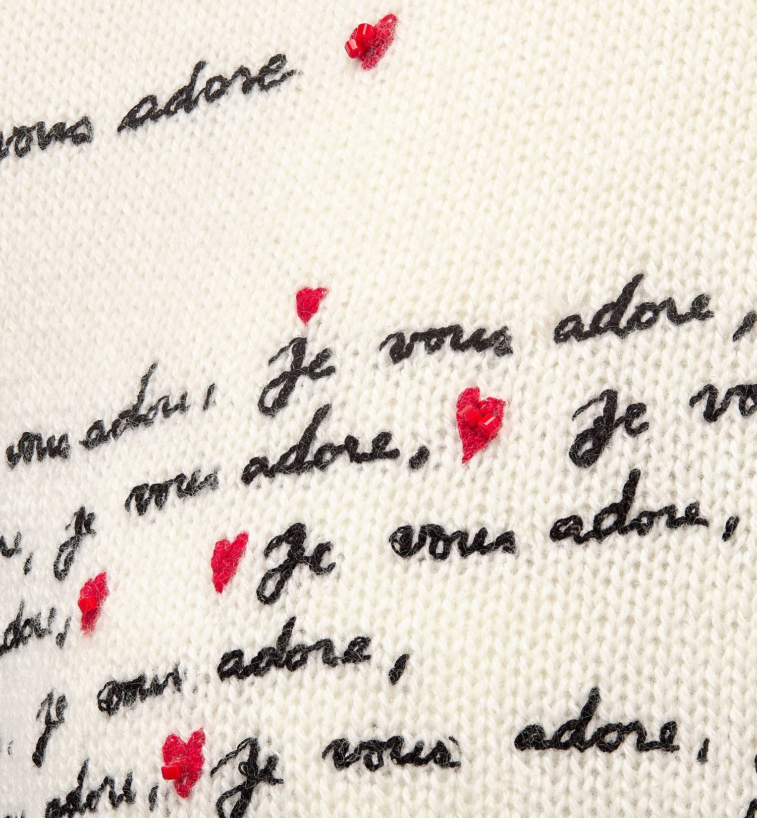 Dioramour Embroidered Sweater White Cashmere Knit With Black And Red Je Vous Adore Motif