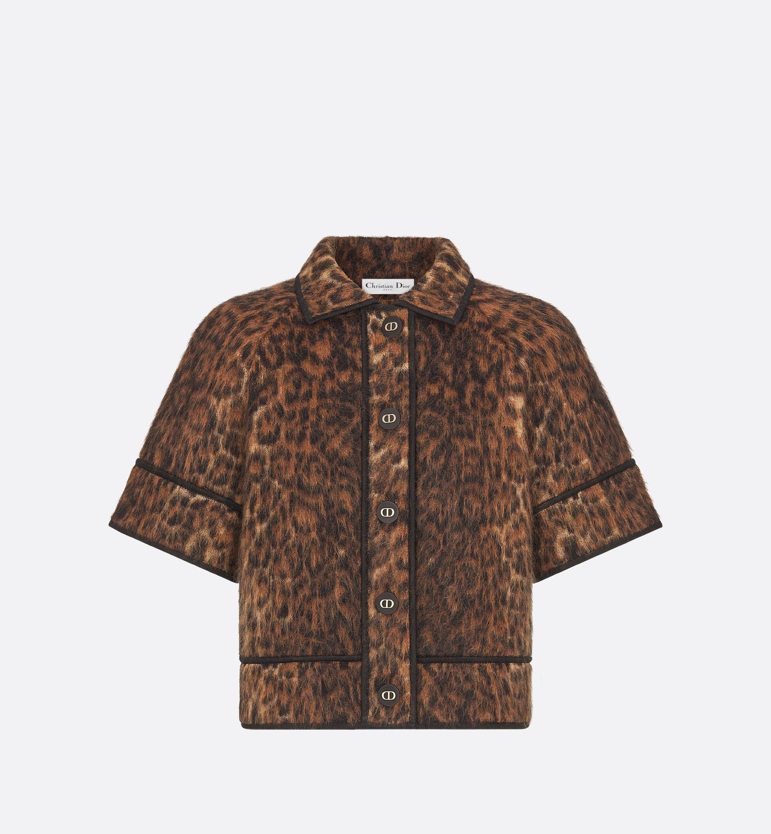 Short Sleeved Jacket Camel Mohair Wool And Silk Blend Knit With Brown Leopard Motif