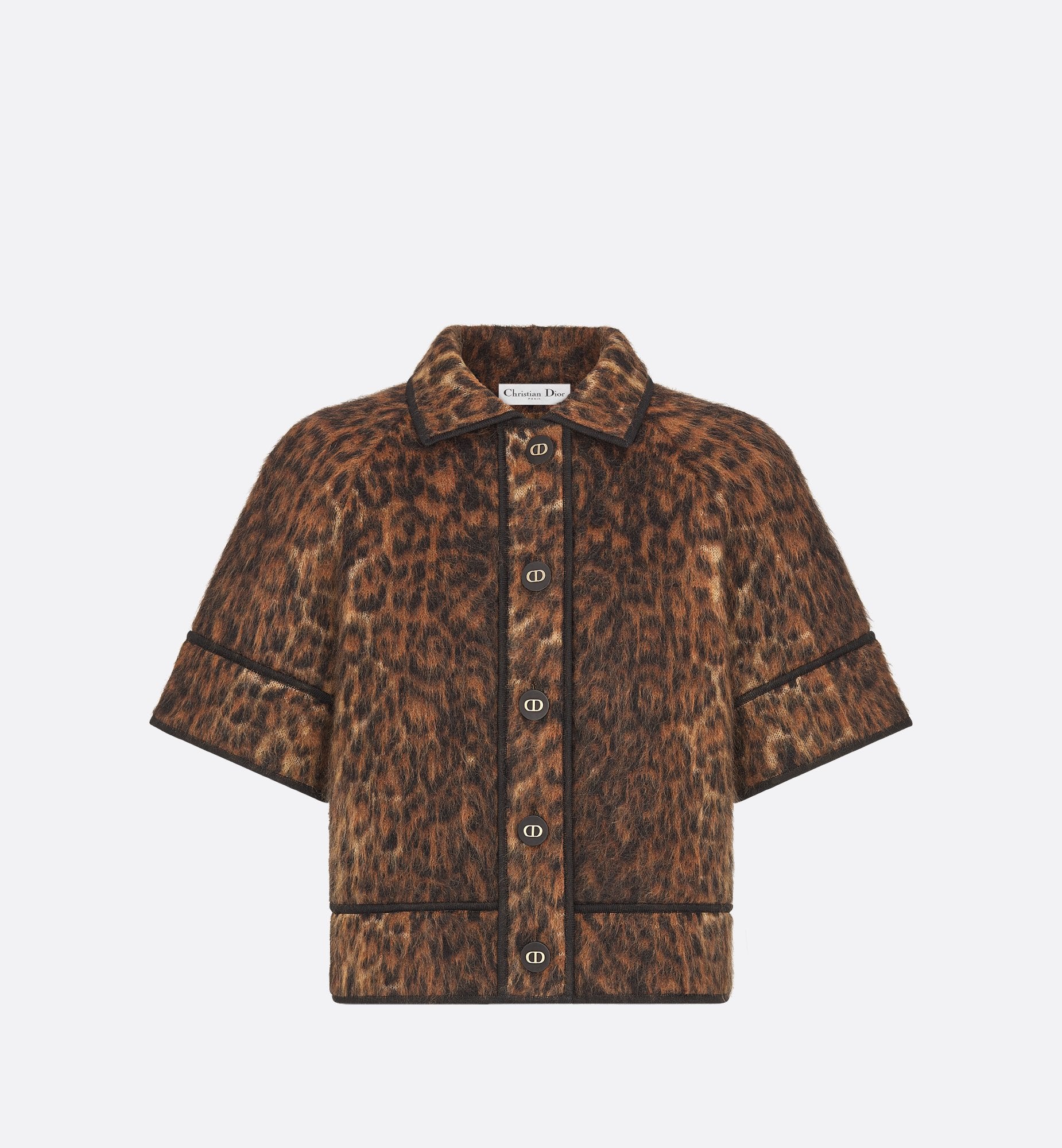 Short Sleeved Jacket Camel Mohair Wool And Silk Blend Knit With Brown Leopard Motif