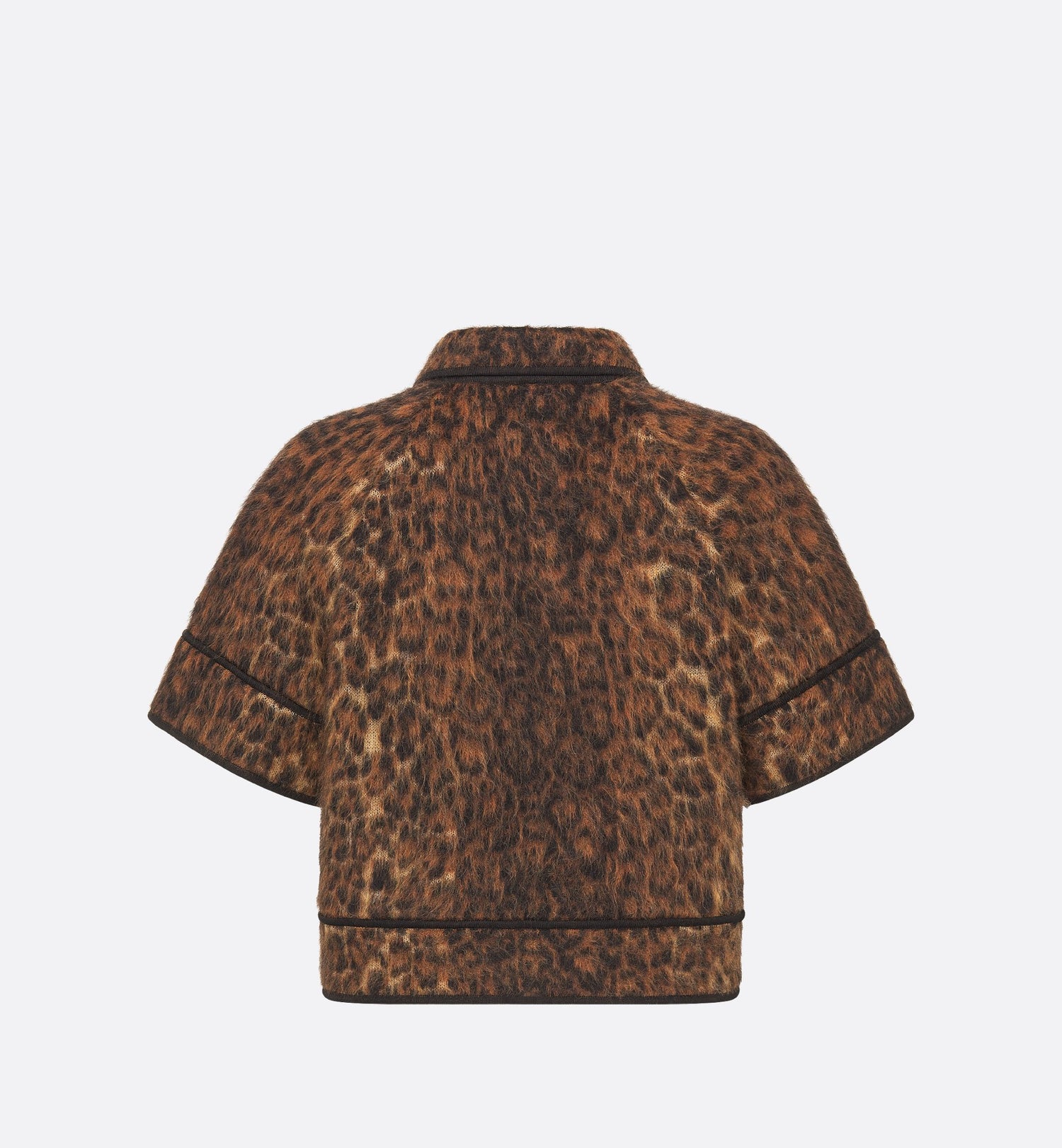 Short Sleeved Jacket Camel Mohair Wool And Silk Blend Knit With Brown Leopard Motif