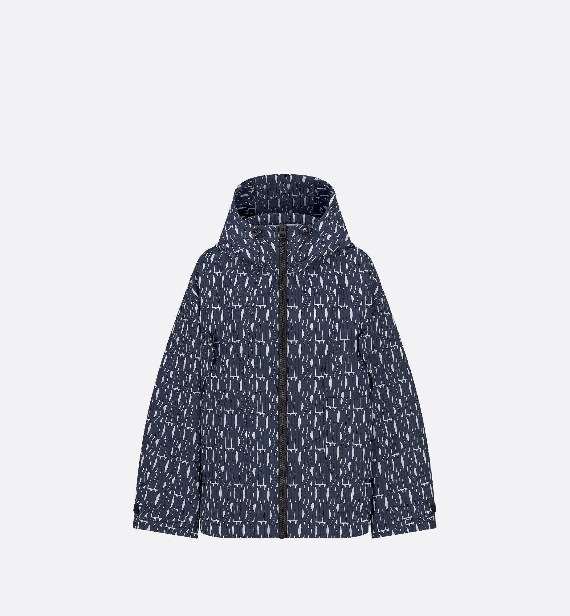 Waterproof Hooded Jacket White Technical Taffeta Jacquard With Navy Blue Miss Dior Allover Motif