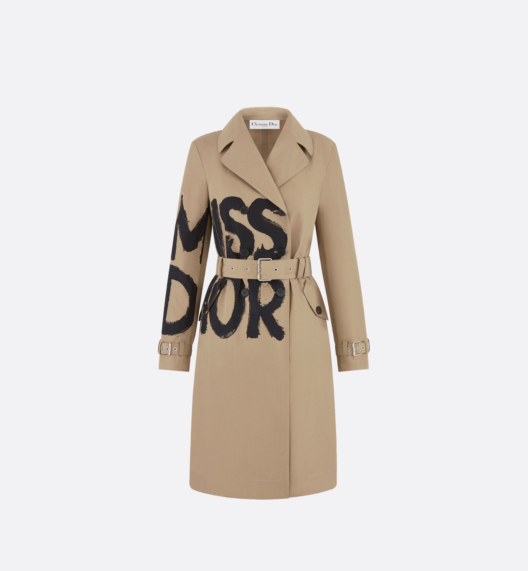 Trench Coat Beige Cotton Gabardine With Black Miss Dior Graffiti Motif Sands