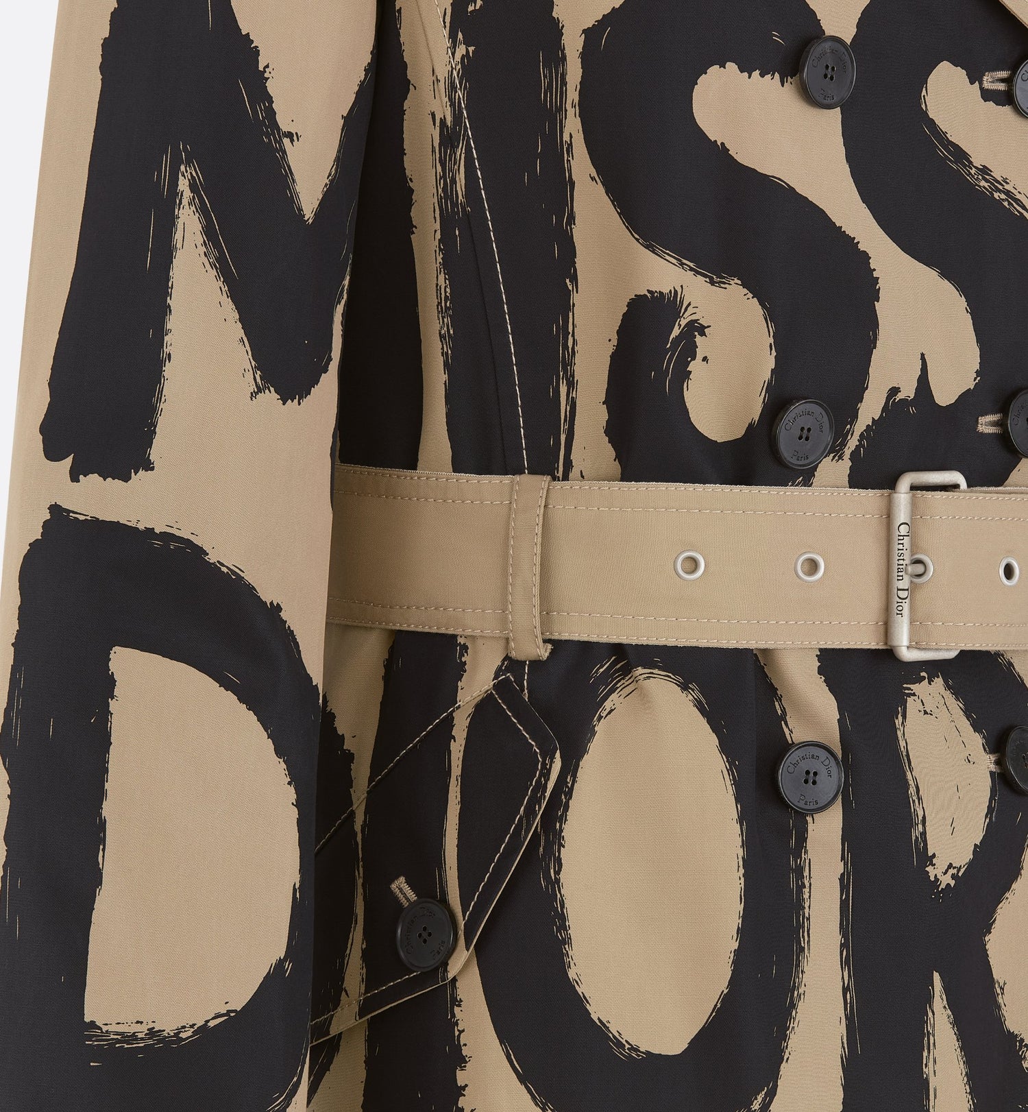 Trench Coat Beige Cotton Gabardine With Black Miss Dior Graffiti Motif