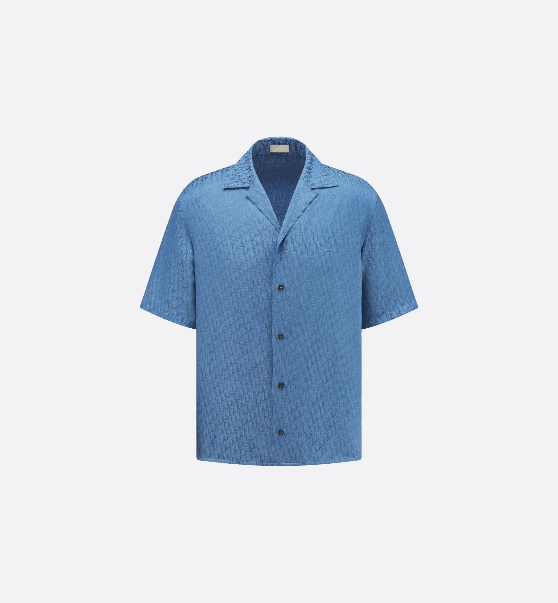 Oblique Short Sleeved Shirt Blue Silk And Cotton Jacquard