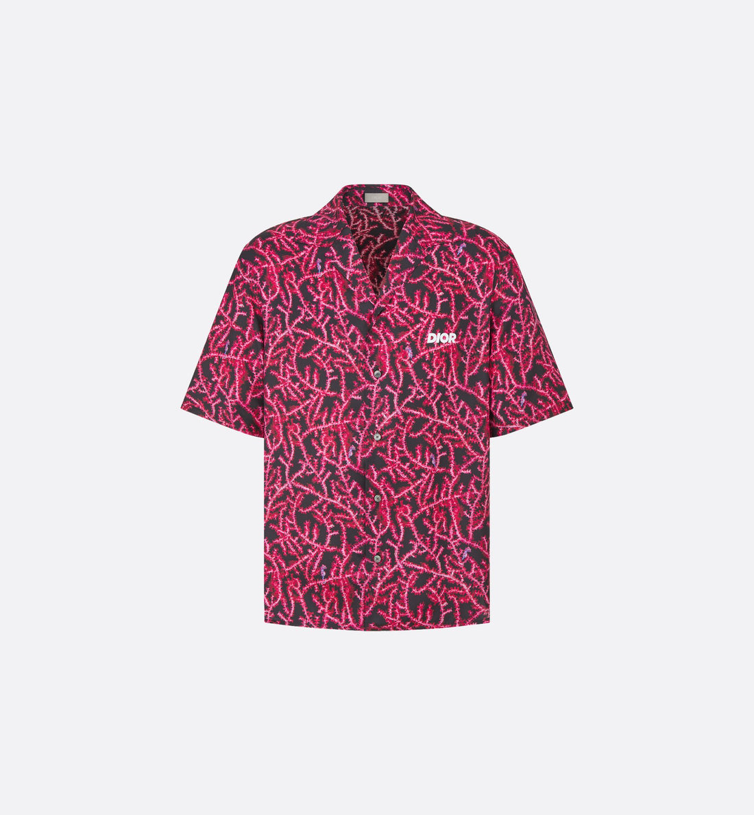 Italic Short-Sleeved Shirt Black And Red Silk Twill With Coral Motif