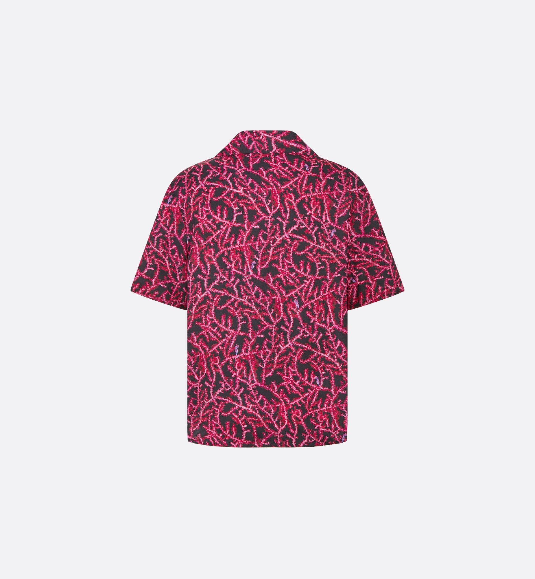 Italic Short-Sleeved Shirt Black And Red Silk Twill With Coral Motif