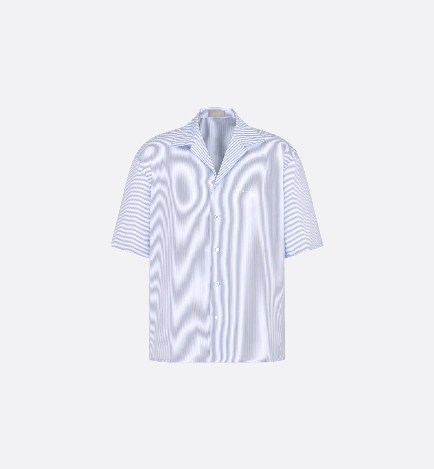 Couture Short Sleeved Shirt White Cotton And Silk Poplin With Blue Stripes