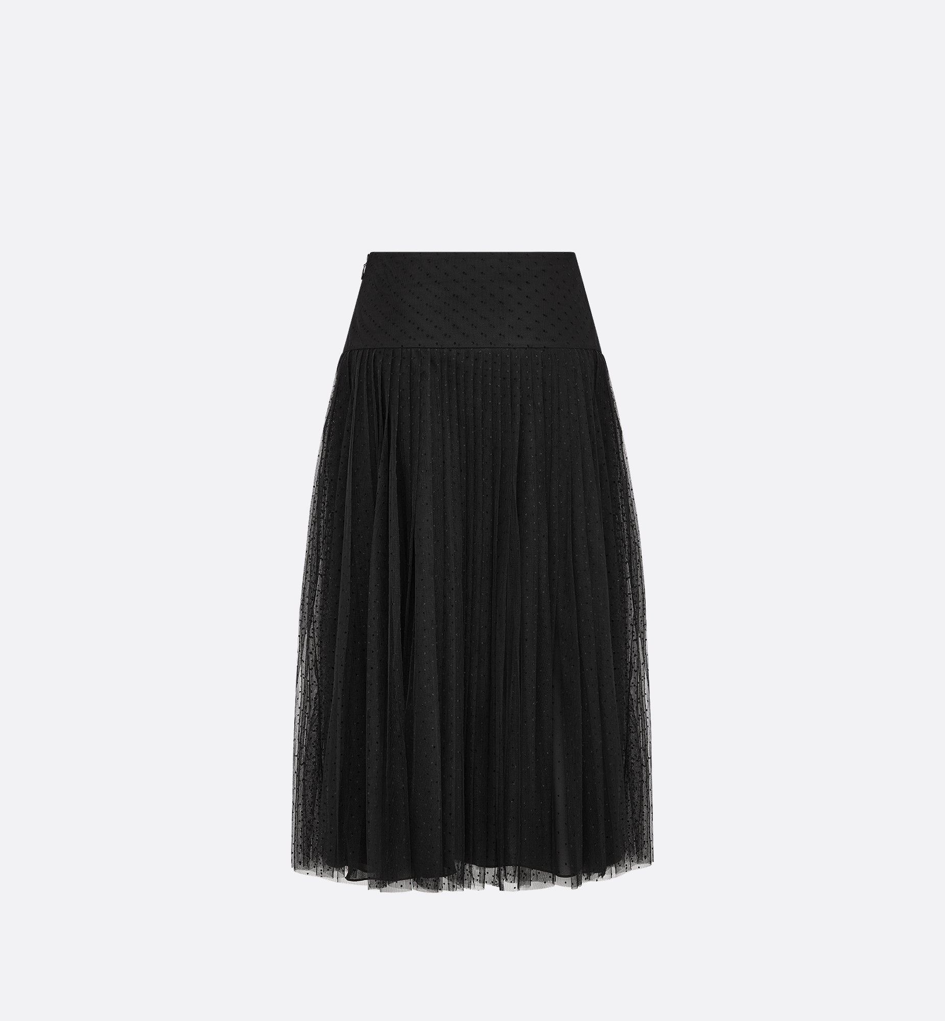 Pleated Mid Length Skirt Black Plumetis Tulle