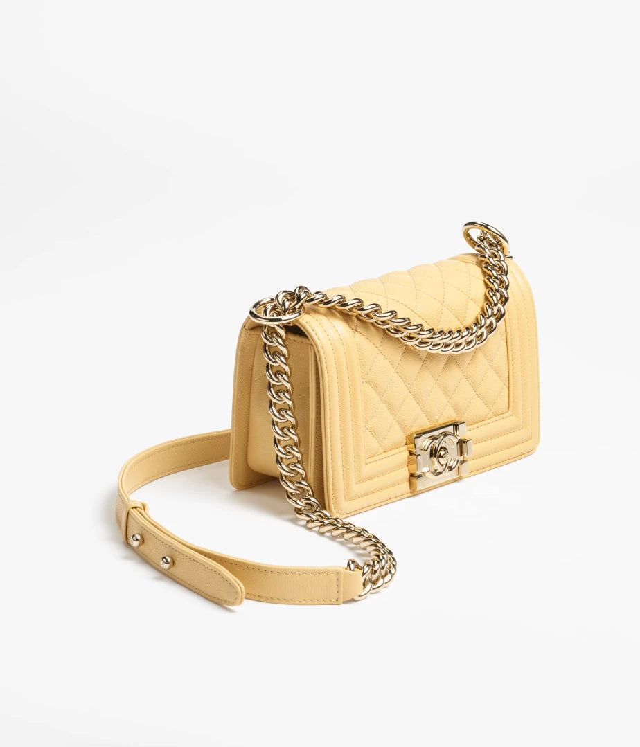 SMALL BOY CHANEL HANDBAG - GRAINED CALFSKIN &amp; GOLD-TONE METALYELLOW