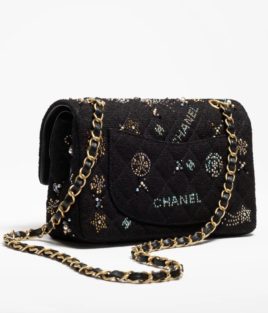 Small Classic Handbag Embroidered Tweed Strass Glass Pearls And Gold Tone Metal Black