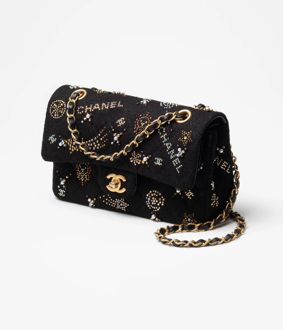 SMALL CLASSIC HANDBAG - EMBROIDERED TWEED, STRASS, GLASS PEARLS &amp; GOLD-TONE METALBLACK