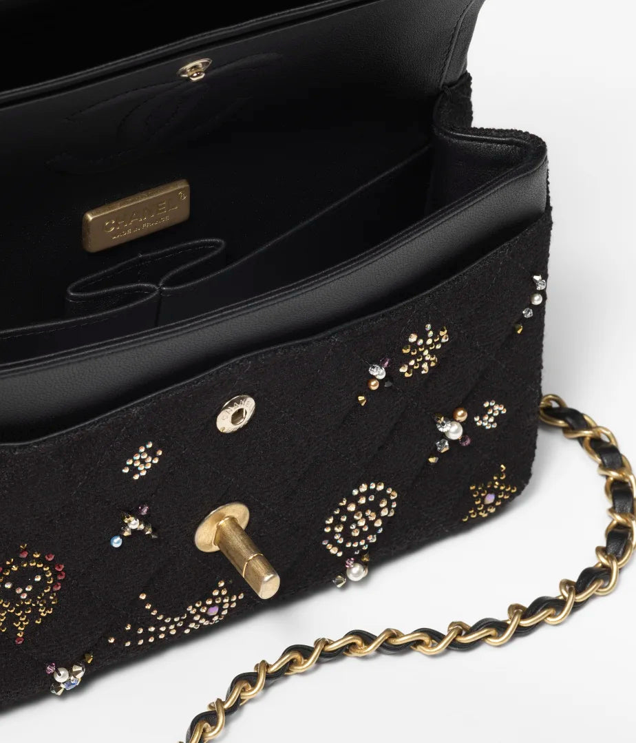 Small Classic Handbag Embroidered Tweed Strass Glass Pearls And Gold Tone Metal Black