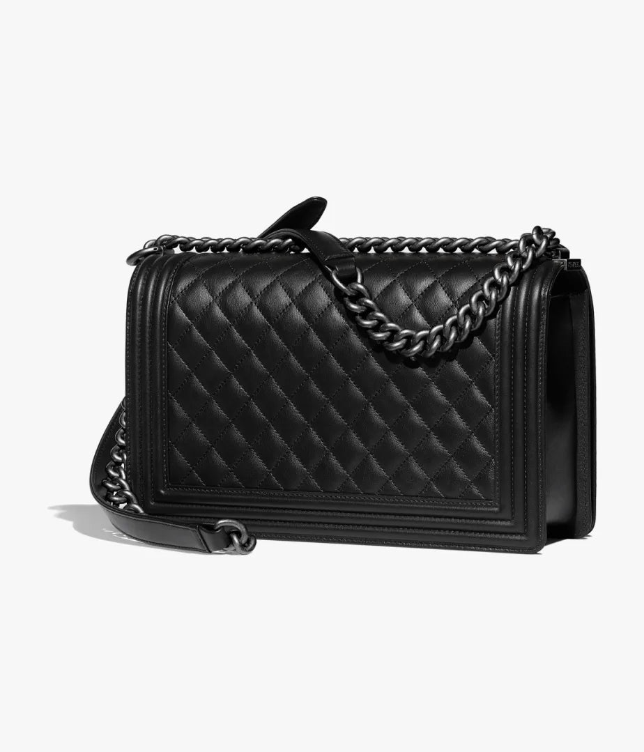 Large Boy Chanel Handbag Calfskin and Ruthenium Finish Metal Black