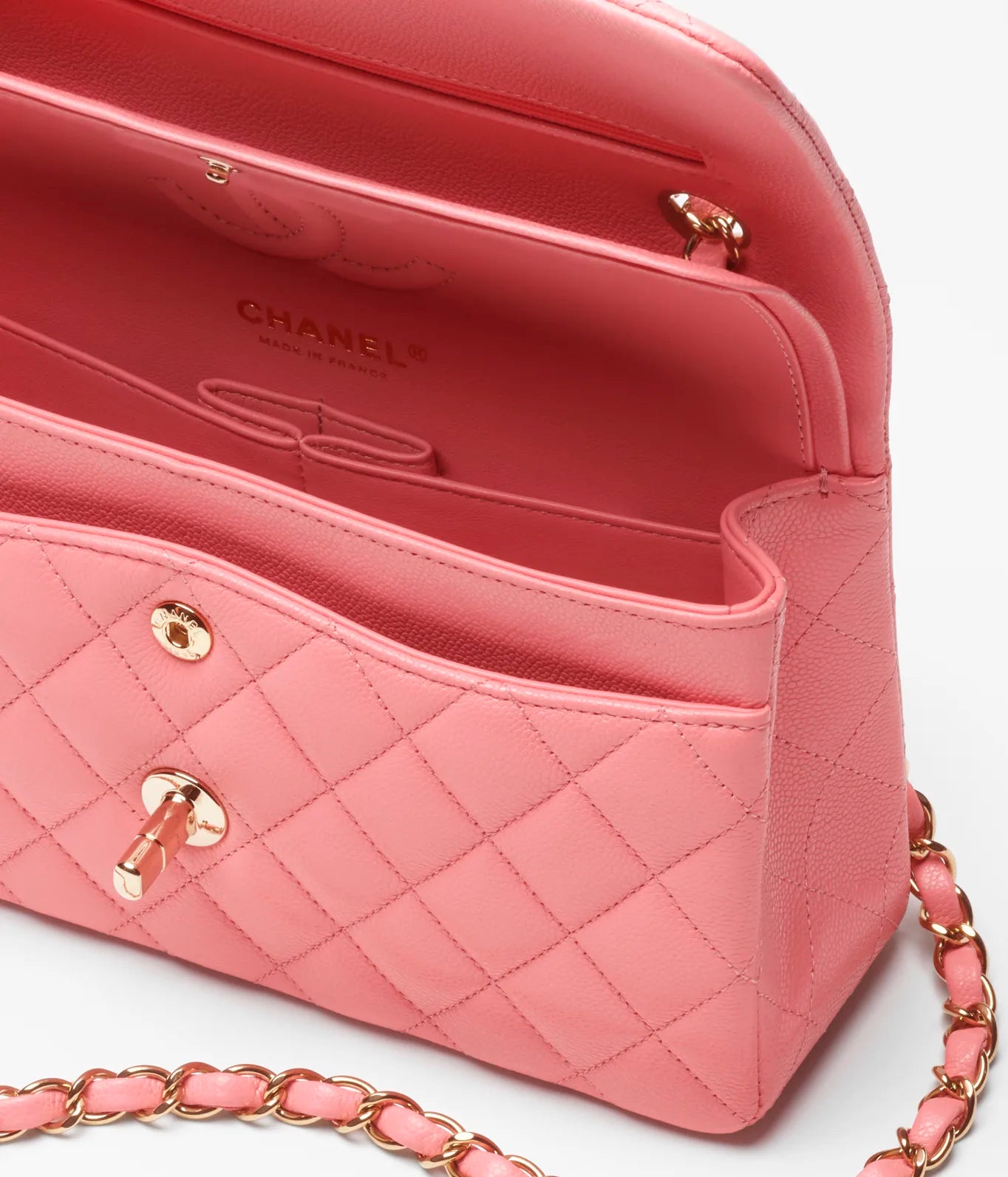 SMALL CLASSIC HANDBAG -GRAINED SHINY CALFSKIN &amp; GOLD-TONE METALCORAL PINK