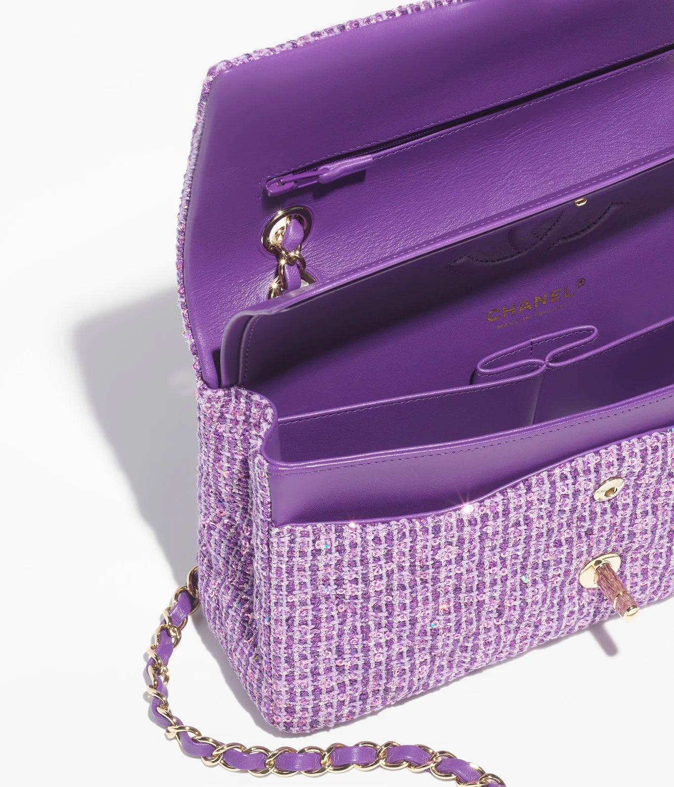 CLASSIC HANDBAG - TWEED, ENAMEL, SEQUINS &amp; GOLD-TONE METALPURPLE &amp; SILVER