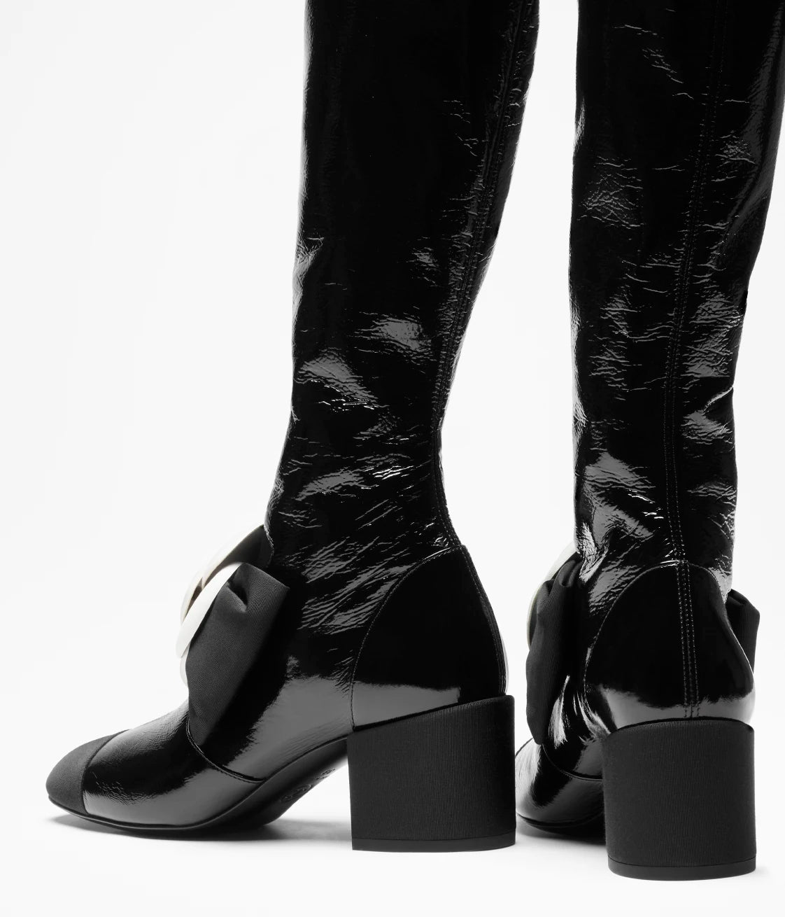 High Boots Crumpled Shiny Fabric and Grosgrain Black