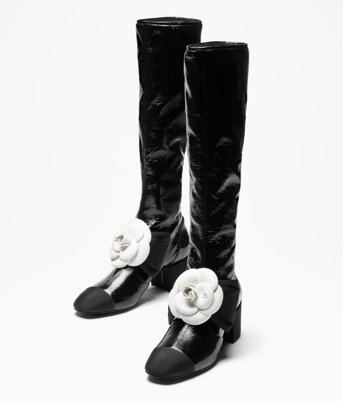 High Boots Crumpled Shiny Fabric and Grosgrain Black