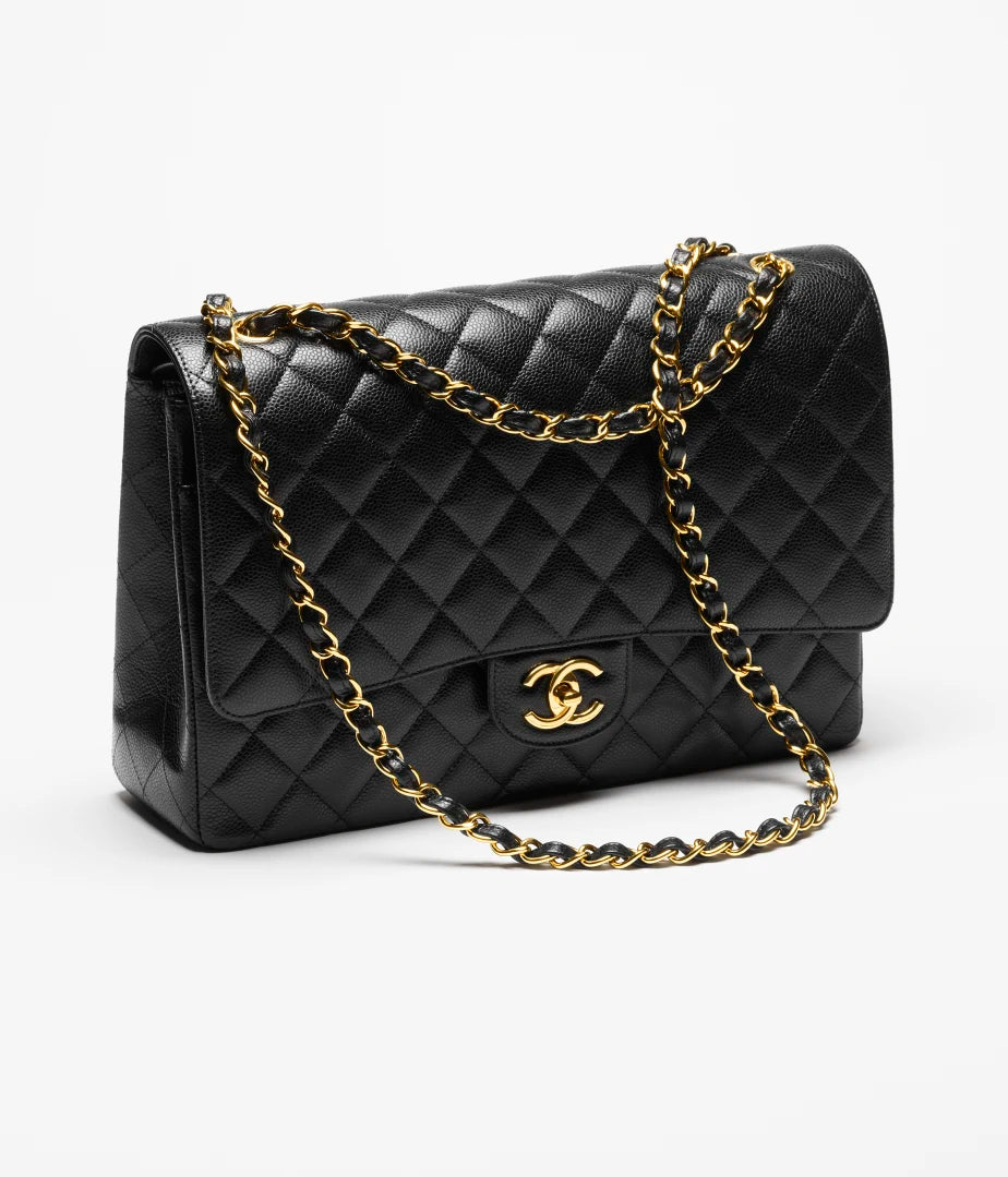 MAXI CLASSIC HANDBAG - GRAINED CALFSKIN &amp; GOLD-TONE METALBLACK