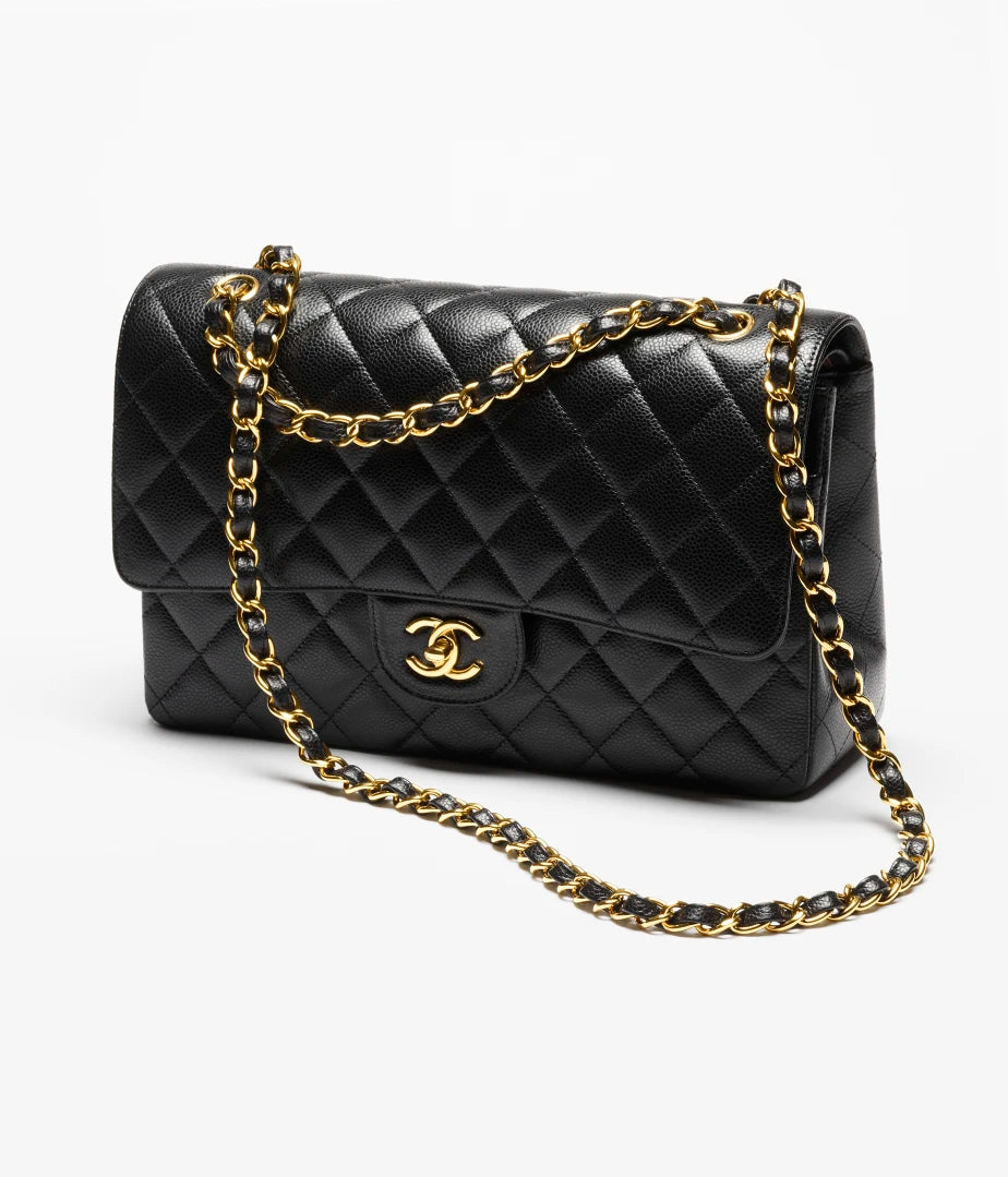 Large Classic Handbag Grained Calfskin And Gold Tone Metal Black