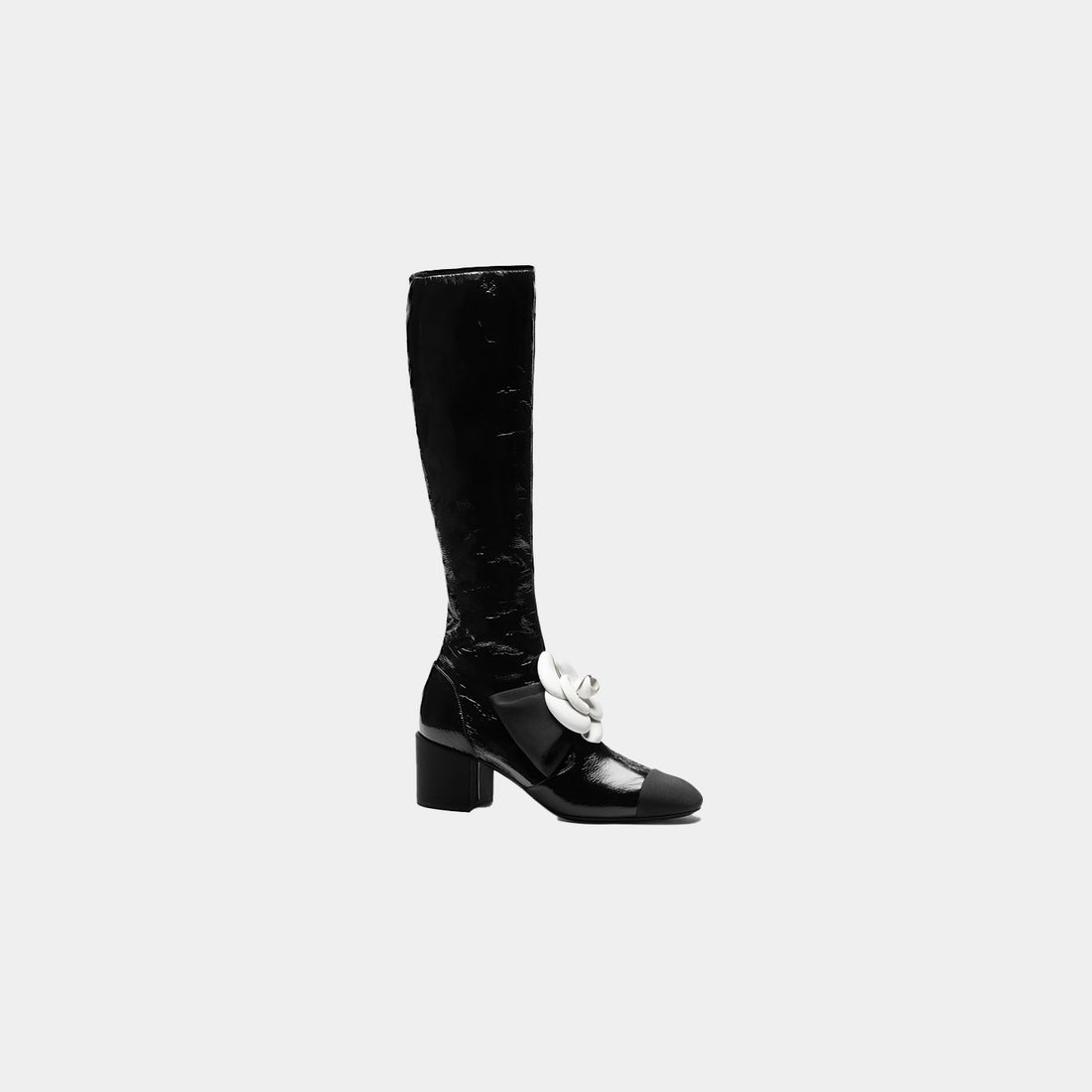 High Boots - Crumpled Shiny Fabric &amp; Grosgrain Black