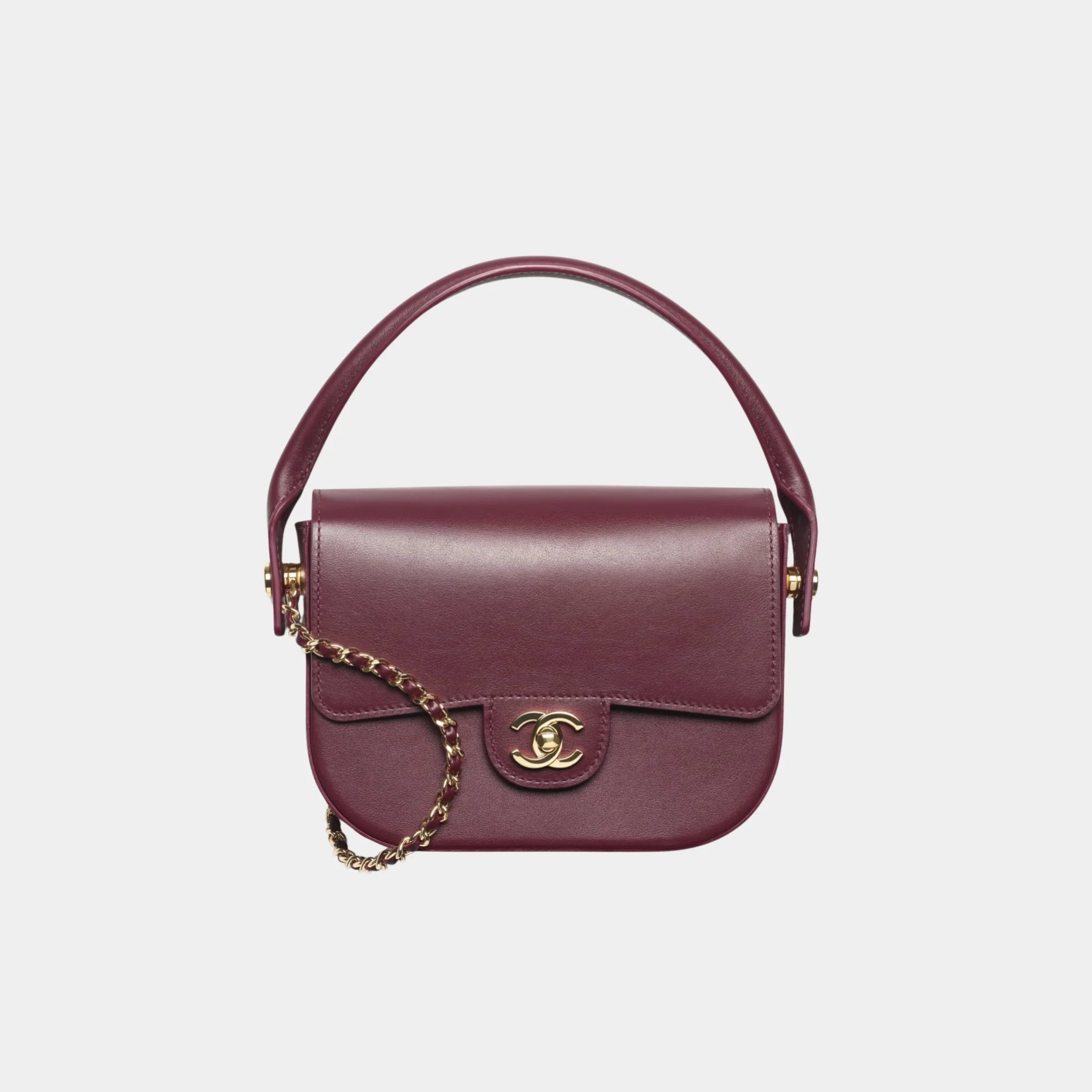 Mini Flap Bag with Top Handle in Dark Burgundy Shiny Calfskin