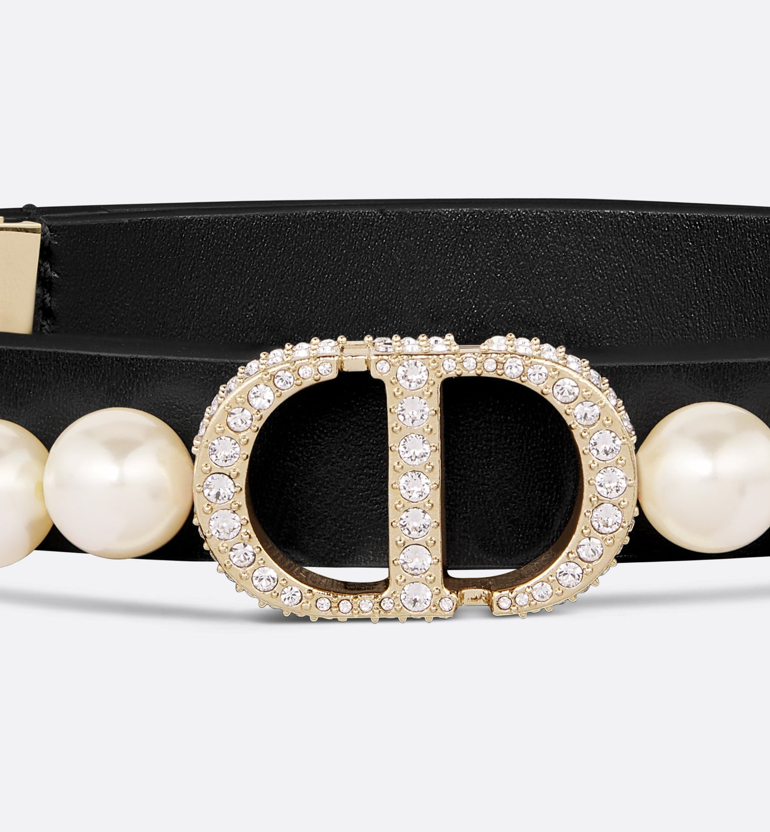 30 Montaigne Pearls Belt Black Smooth Calfskin White Resin Pearls And Crystals 15 mm