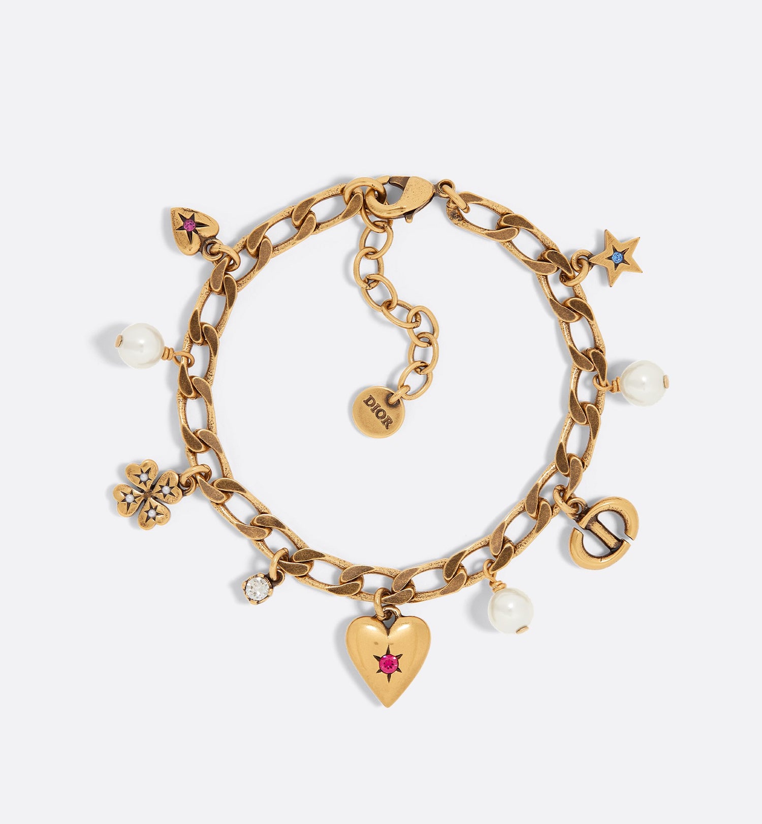 Lucky Charms Bracelet Antique Gold Finish Metal With White Resin Pearls And Multicolor Crystals