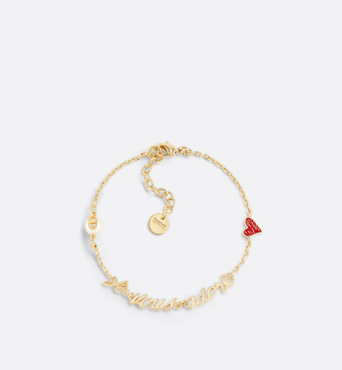 Dioramour Je Vous Adore Bracelet Gold Finish Metal With White Resin Pearl And Red Lacquer