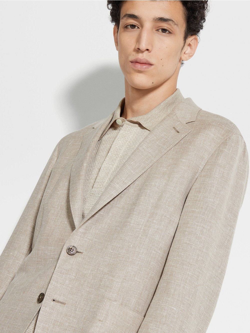 DARK BEIGE CROSSOVER LINEN WOOL AND SILK BLEND SHIRT JACKET