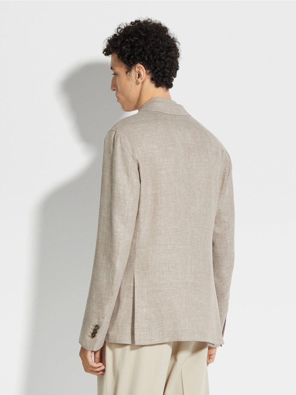 Dark Beige Crossover Linen Wool and Silk Blend Shirt Jacket