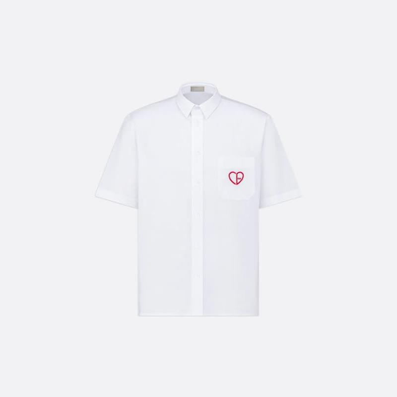 Cd Heart Embroidered Short-Sleeved Shirt White Cotton Pique