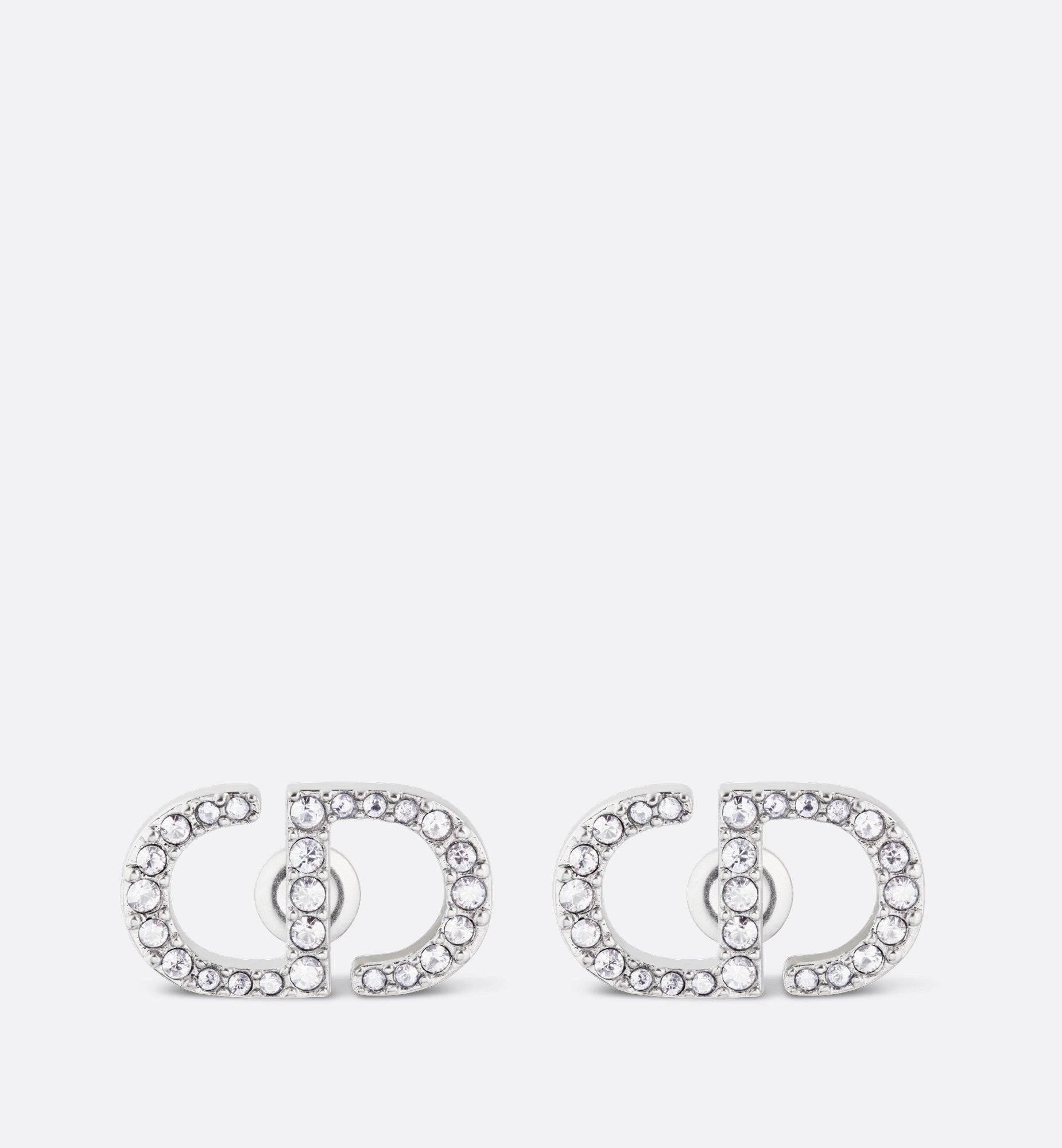 Petit Cd Stud Earrings Silver Finish Metal With White Crystals