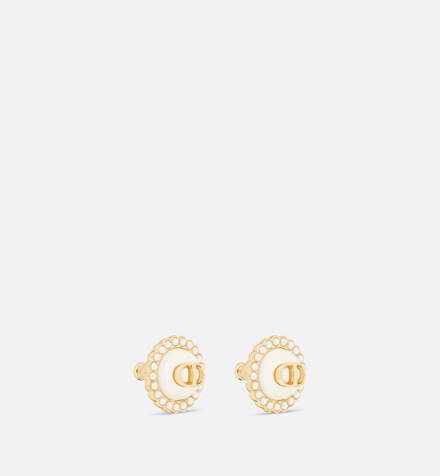 Petit Cd Baroque Stud Earrings Gold Finish Metal With White Resin Pearls And Latte Glass