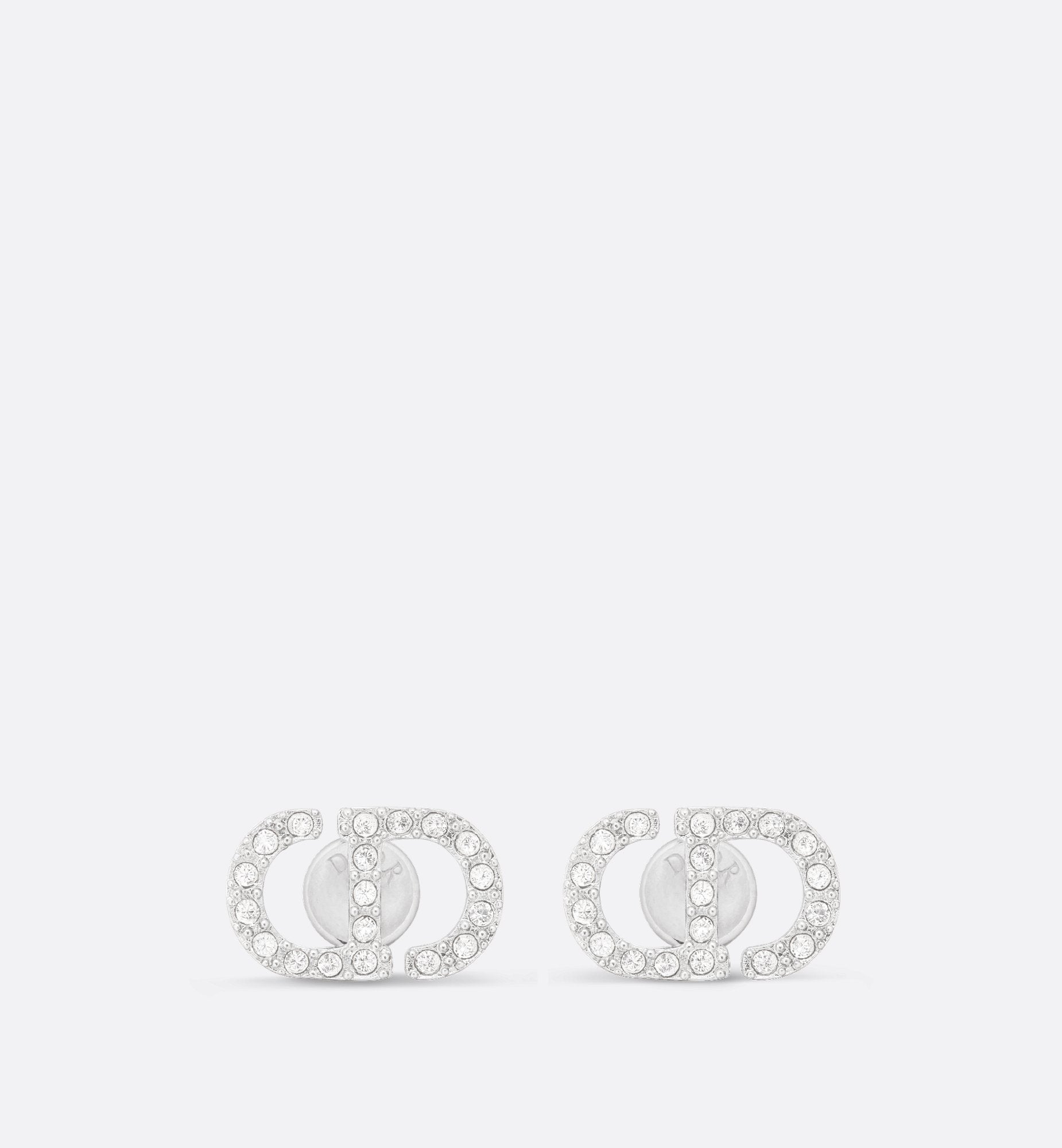 Petit Cd Mini Stud Earrings Silver Finish Metal With White Crystals