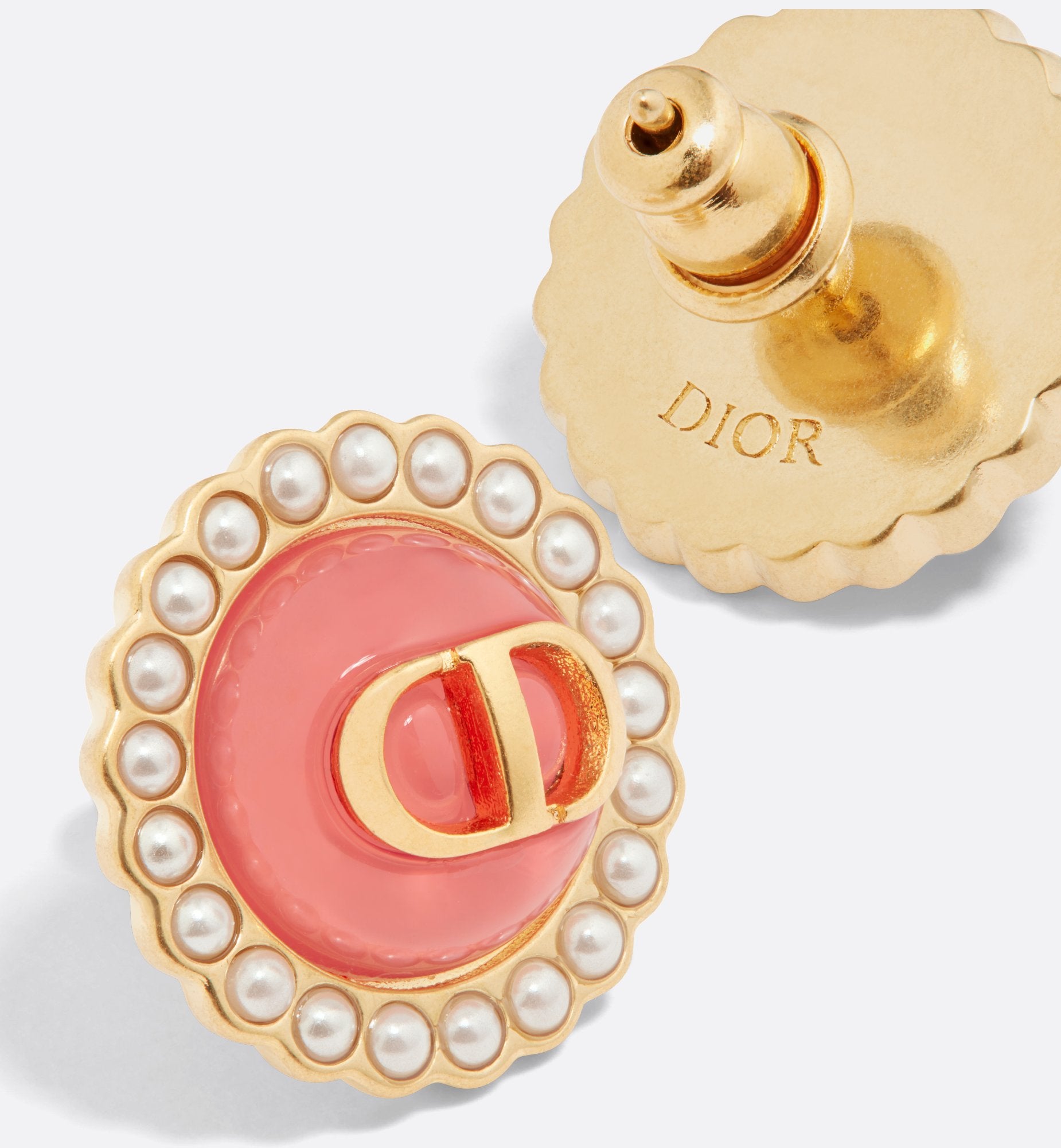 Dioriviera Petit Cd Baroque Stud Earrings Gold Finish Metal With White Resin Pearls And Coral Glass